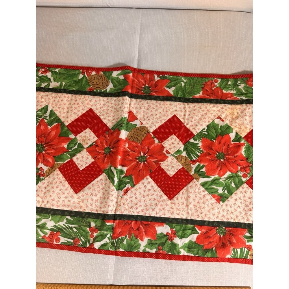 Quilted Christmas Table Runner Poinsettia Pinecone Holiday Patchwork 46”x17”